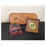 Leather Tooled Wallet, ink well & Silhouette Clock