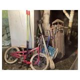 Scooters, bike, folding chair, sled, stilts,