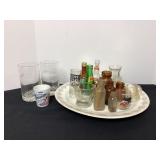 Plate of Shot glasses, vintage bottles & more
