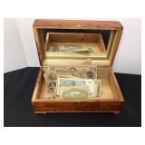 Wood Jewelry Box with Foreign & Novelty Money