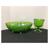 Green Carnival Footed Fruit Bowl & Green Glass