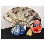 Oriental teapot, fan, figurine & Buddha figurine