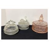 3 Vintage Covered Dishes; elephants, swan & pink