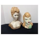 Vintage 9" Ceramic Bust & 7" Head Vase