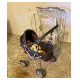 Doll, stroller, crib with bedding