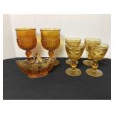 7 Pieces of Amber Glass, stemware & basket