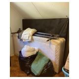 Metal bed frame, box springs, and bedding