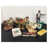 Wood mushrooms, wood mini shoes, leather coin