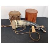 Cherokee made powder horn, souvenir drum & wood