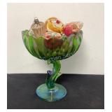 7 1/2" Green Carnival Glass Dish & Vintage