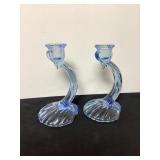 Cambridge Blue Glass Candleholder Set, 7 1/2" tall
