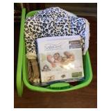 Tote of Throws, mattress protector, & stuffed