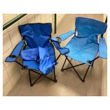 2 blue folding bag chairs, one bag