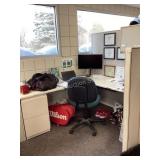 L shaped desk with upper storage cabinet & chair