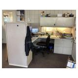 L shaped desk with 2 upper cabinets & chair