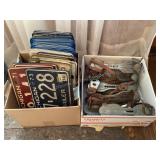 Box of License Plates & Old Skates