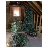 2 Christmas trees, 1 wreath & bag of garland