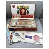 Cigar box of souvenir coins & paper money from