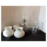 Oil lamp, chimneys, milk glass shades