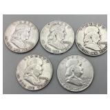 Five Franklin Half Dollars