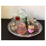 12" Fostoria Plate, perfume bottles, basket,