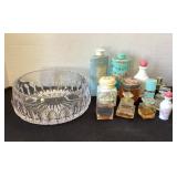 Heavy Glass Bowl of Vintage Perfume Bottles & More