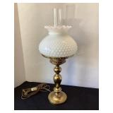 Brass lamp with milk glass shade, 21" tall, works