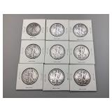 Nine Walking Liberty Half Dollars