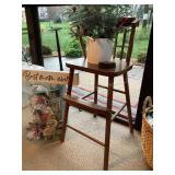 Vintage wood high chair, faux tree, display