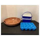 Tupperware lunchbox, ceramic egg tray, Aztec bowl