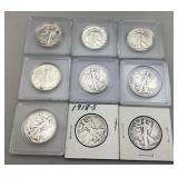 Nine Walking Liberty Half Dollars