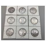 Nine Walking Liberty Half Dollars