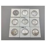 Nine Walking Liberty Half Dollars