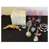 Trinket box, hanging crystals, leopard pin,