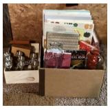 Cook books, glass vases, tin cups & wood boxes