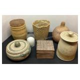 6 pieces of artisan pottery & candle
