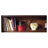Shelf of books, shaker boxes, vases & more