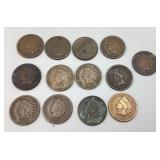 13 Indian Cents; dates include: 1889, 1892, 1897