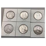 Six Franklin Half Dollars, 1950-57