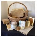Basket of picture frames, boxes, cutting boards &