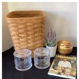 Longaberger basket, book, canisters & nut dish