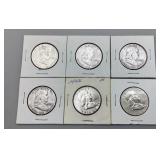 Six Franklin Half Dollars; 1952-62