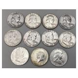 11 Franklin Half Dollars: 1952, 1950, 1956, 1953,
