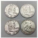 Four 1954 Franklin Half Dollars