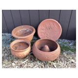 Clay pots, hose holder & bird bath top