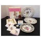 Vintage plates, books, kids handkerchief,