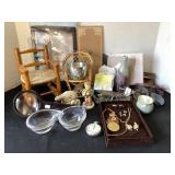 Vintage jewelry, Simon Pearce dishes, doll