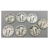 Seven Walking Liberty Quarters; no dates