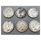 6 Canadian 50 Pieces; 1952, 1942, 1942,1952,
