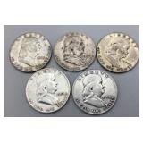 Five Franklin Silver Half Dollars